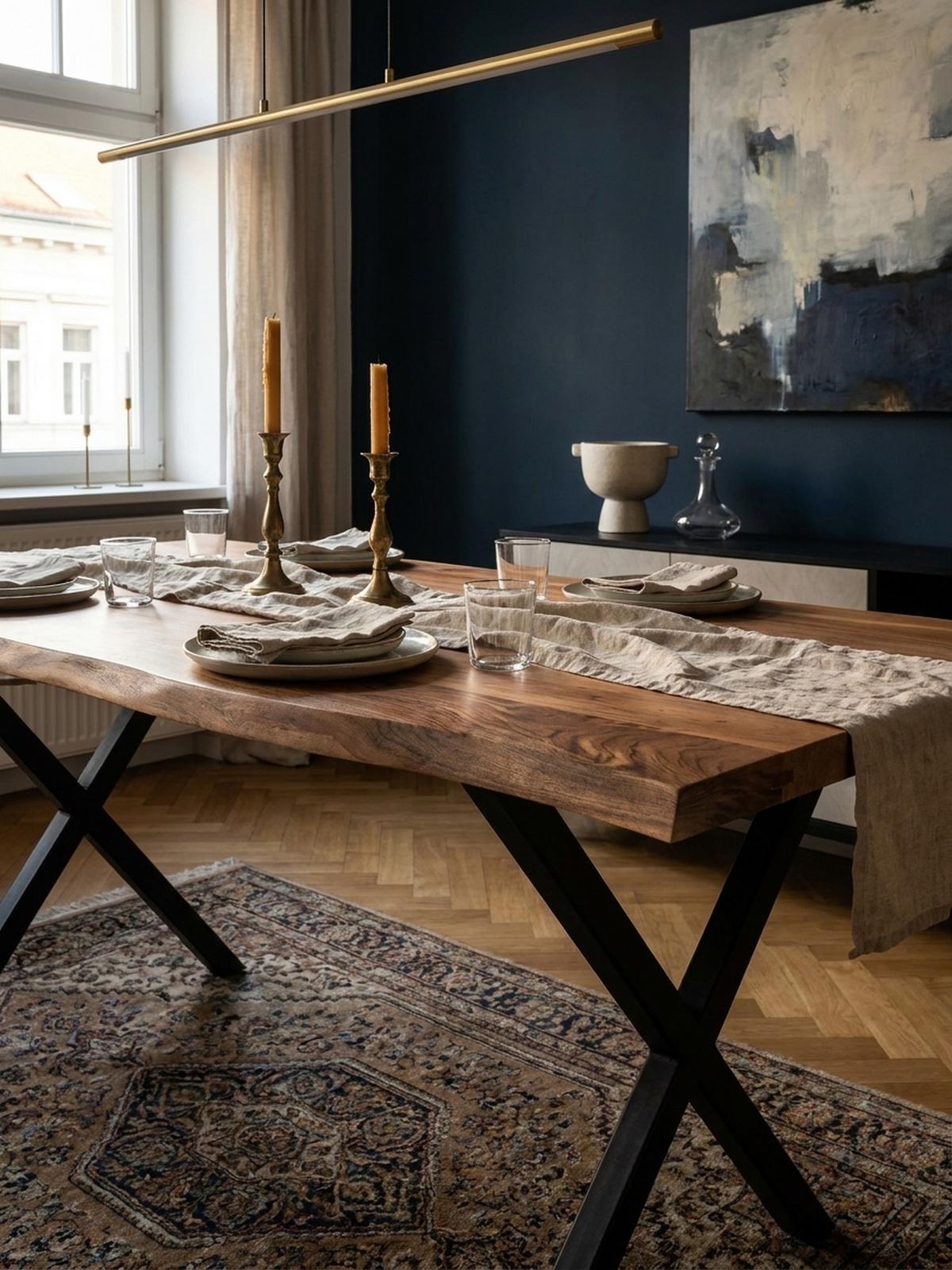 ESSTISCH Massivholz Metall X-Gestell Baumkante Industrial KRETA, Goldbraun-Schwarz 200x100x76 cm - Schwarz/Braun, Holz/Metall (100/200/76cm) - KADIMA DESIGN
