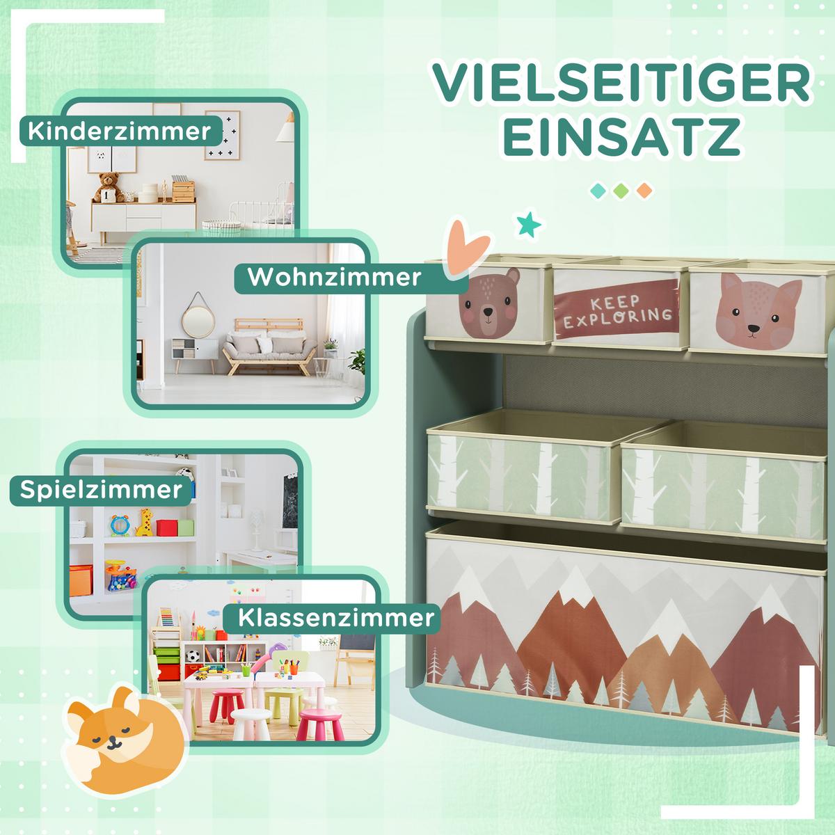 KINDERREGAL Spielzeugregal mit 6 herausnehmbare Boxen aus Vliesstoff, Grün - Grün, Holzwerkstoff (30/66/63cm) - ZONEKIZ