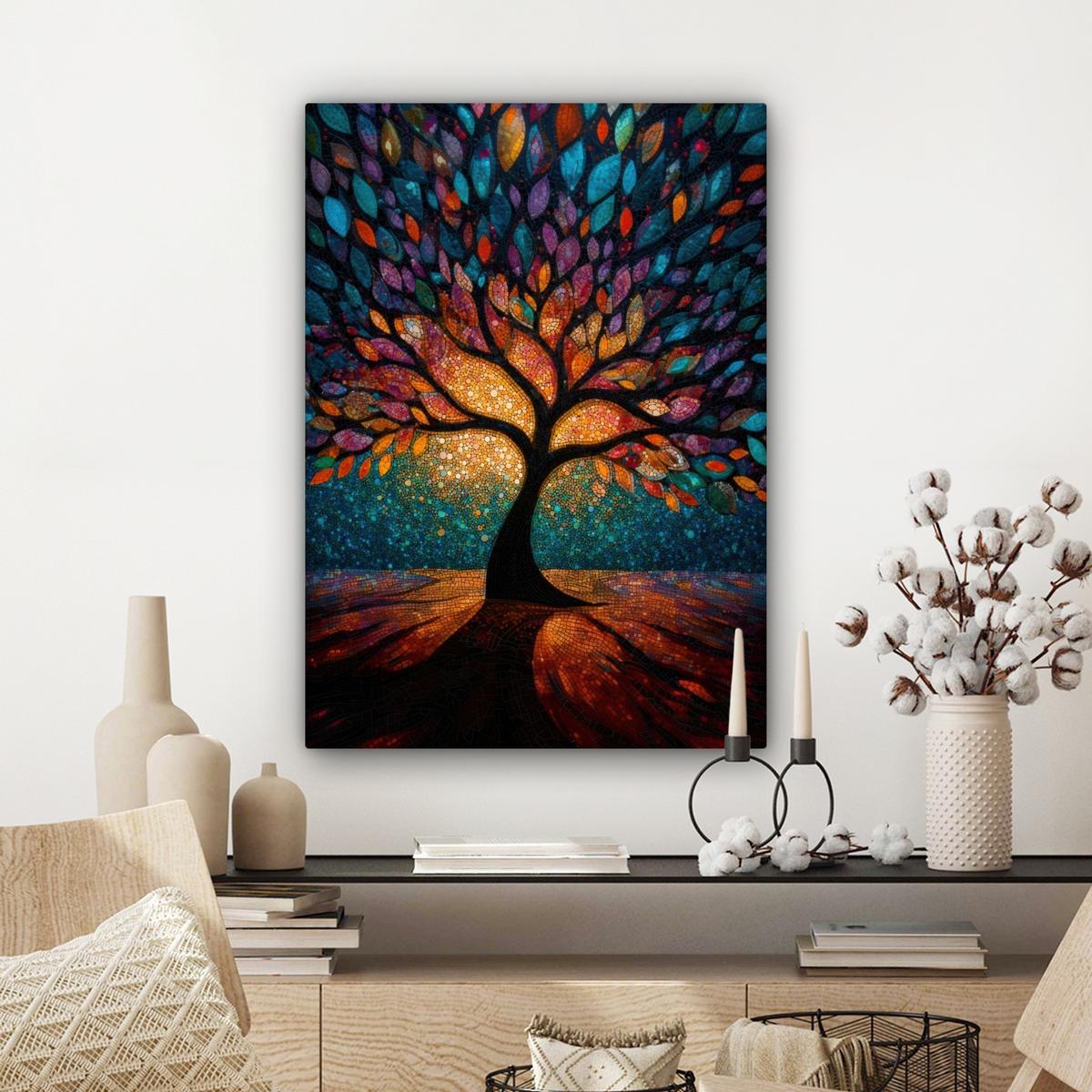 LEINWANDBILD Mosaik - Bunt - Baum - Äste Wandbild Wohnzimmer 60x80 cm - Multicolor, Textil (60/80cm) - MuchoWow