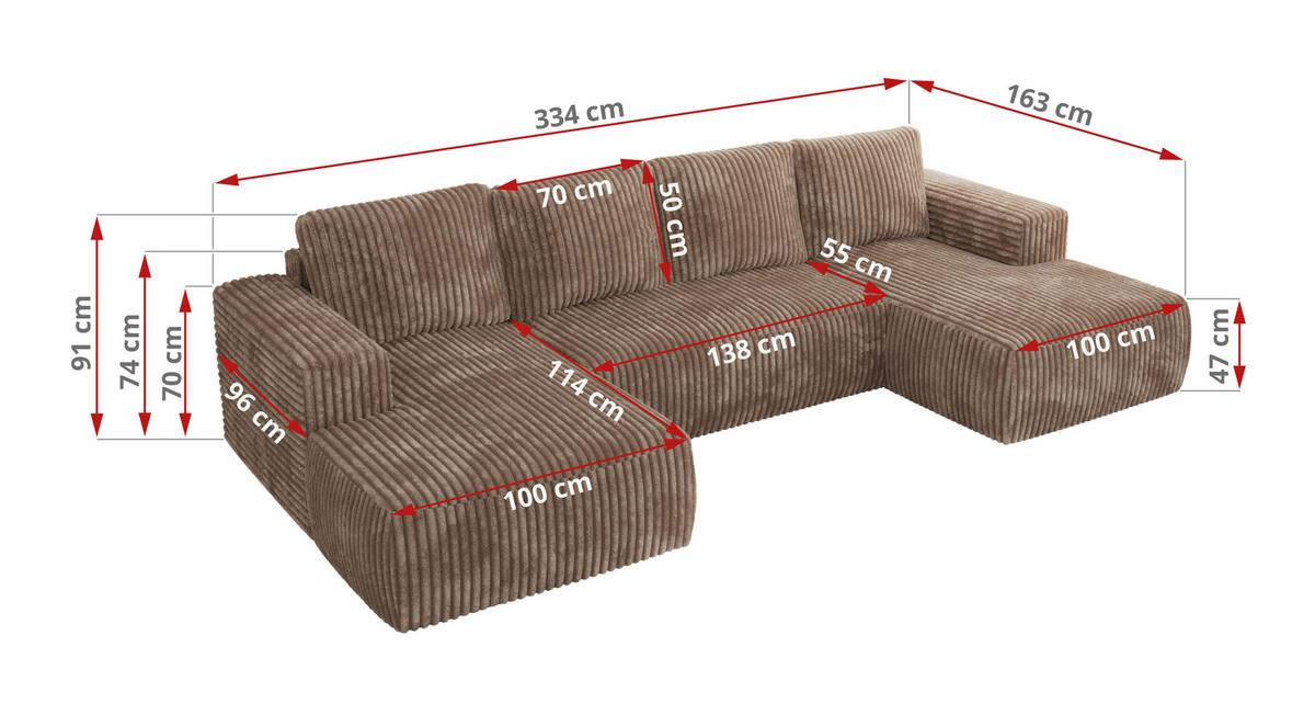 WOHNLANDSCHAFT TRENTINO U Braun Cord - Schwarz/Braun, Kunststoff/Textil (334/91/163cm) - MKS