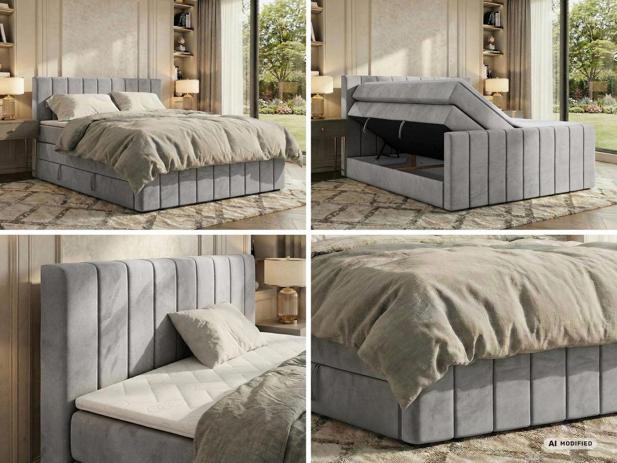 BOXSPRINGBETT ALVER KING DUO 200/200 - Hellgrau Velvet - Topper T25 - H3 - Hellgrau/Schwarz, Kunststoff/Textil (200/200cm) - MKS