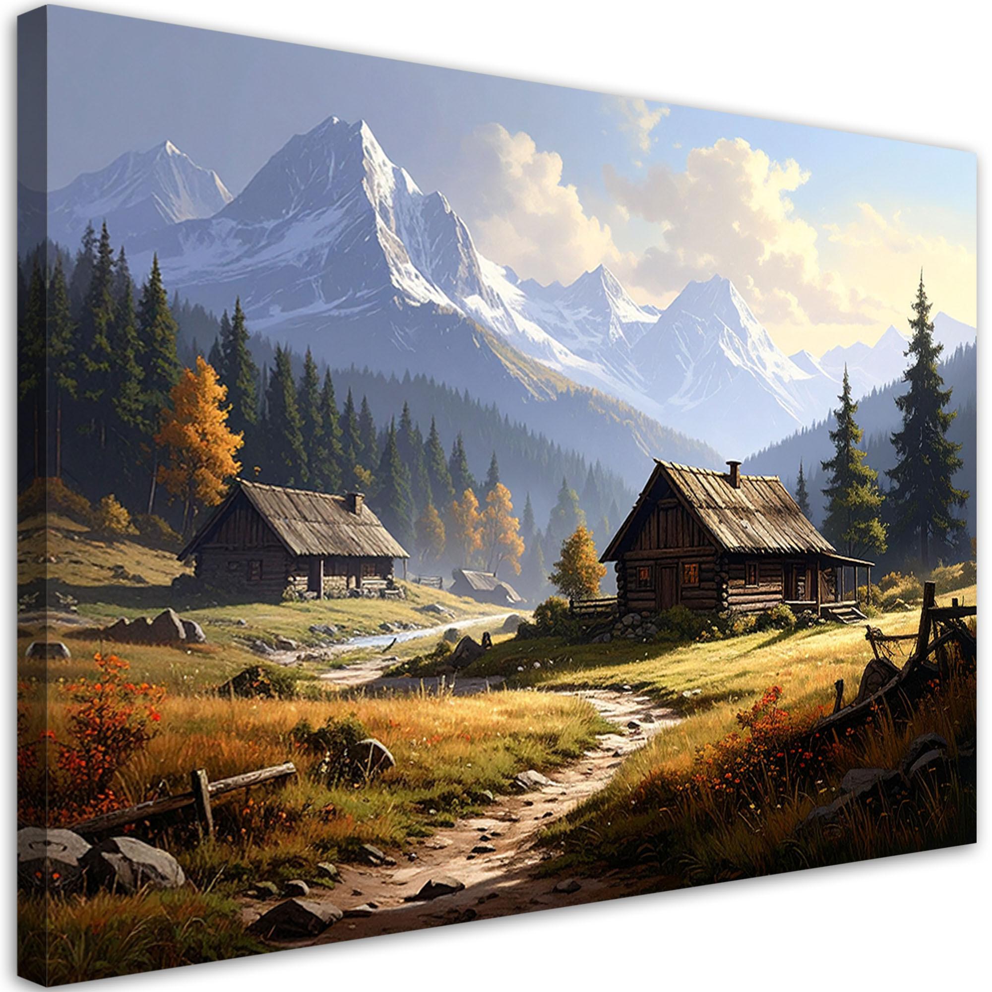 LEINWANDBILD, Berglandschaft mit Häuschen - Natur - Grün, Textil (60/40cm) - Feeby