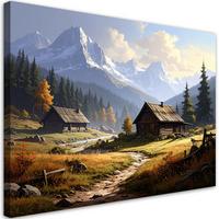 LEINWANDBILD, Berglandschaft mit Häuschen - Natur - Grün, Textil (100/70cm) - Feeby