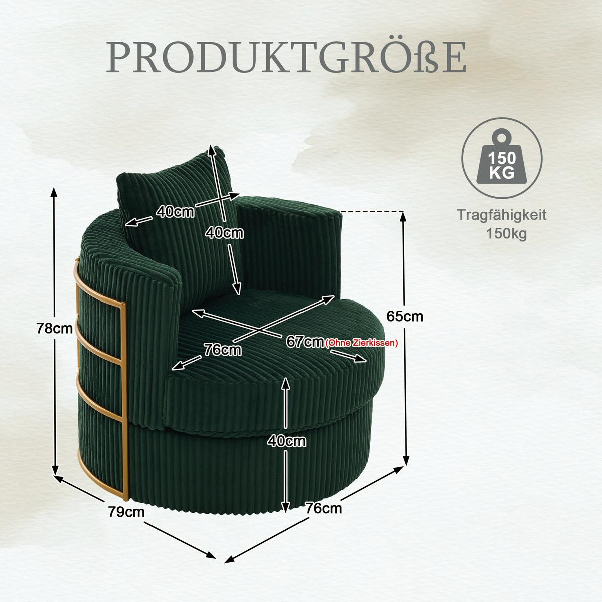 DREHSESSEL Dunkelgrün Cord mit Stauraum & 360° Drehfunktion - Smaragdgrün, Textil (76/65/79cm) - Urban Meuble