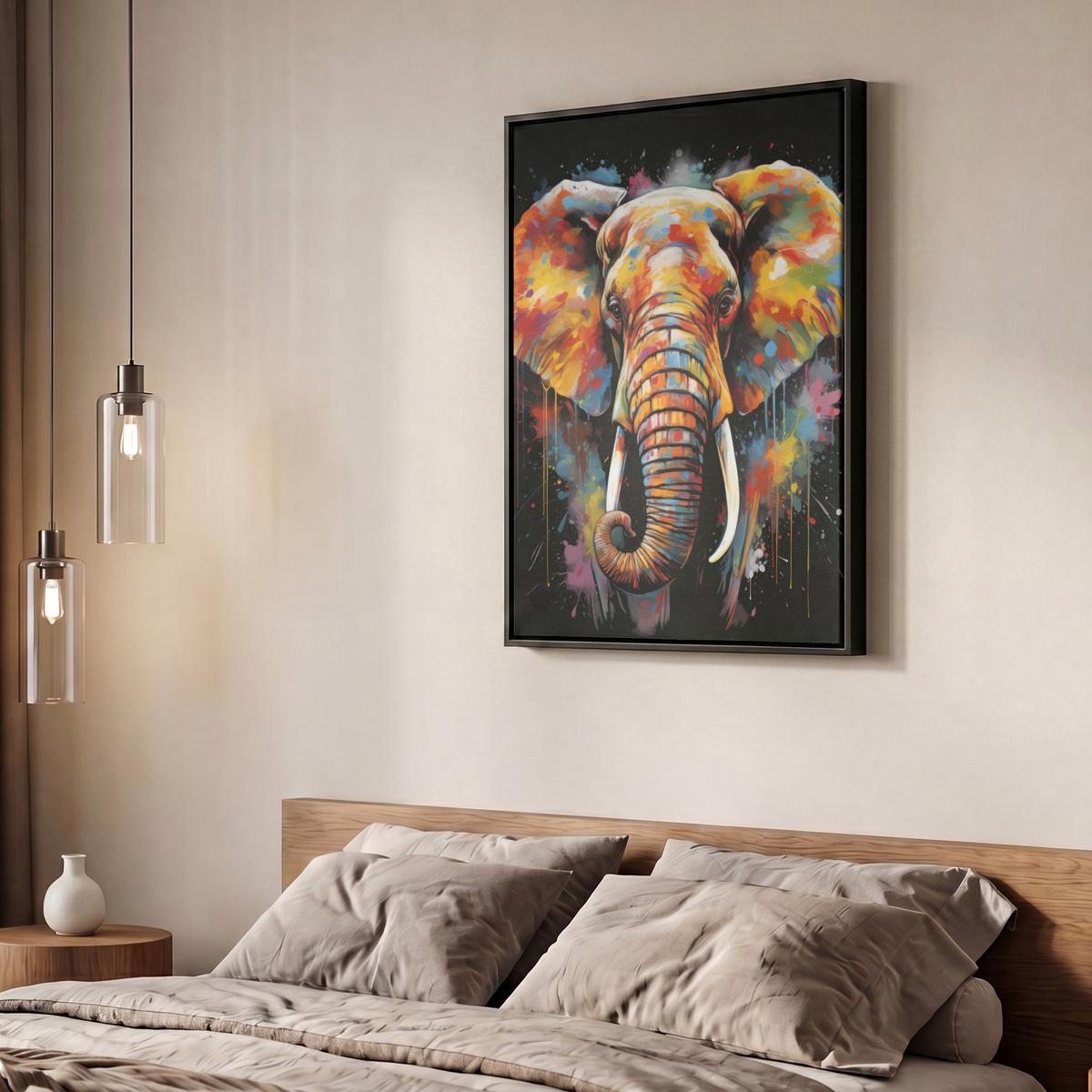 LEINWAND Bilder mit Rahmen - Elefant - Graffiti - Schwarz - Tiere - Farben - 60x80 - Schwarz, Textil (60/80cm) - MuchoWow