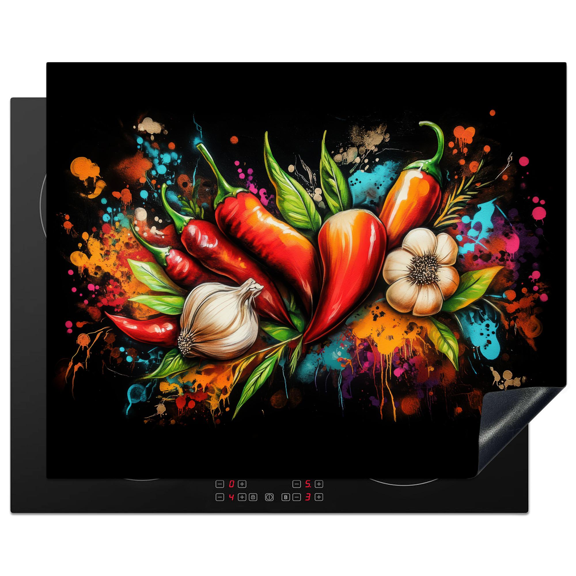 HERDABDECKPLATTE Gemüse - Paprika - Knoblauch - Graffiti - Farbe - Bunt Herdabdeckung Induktionsfeld 65x52 cm - Rot, Kunststoff (65/52/0.2cm) - MuchoWow