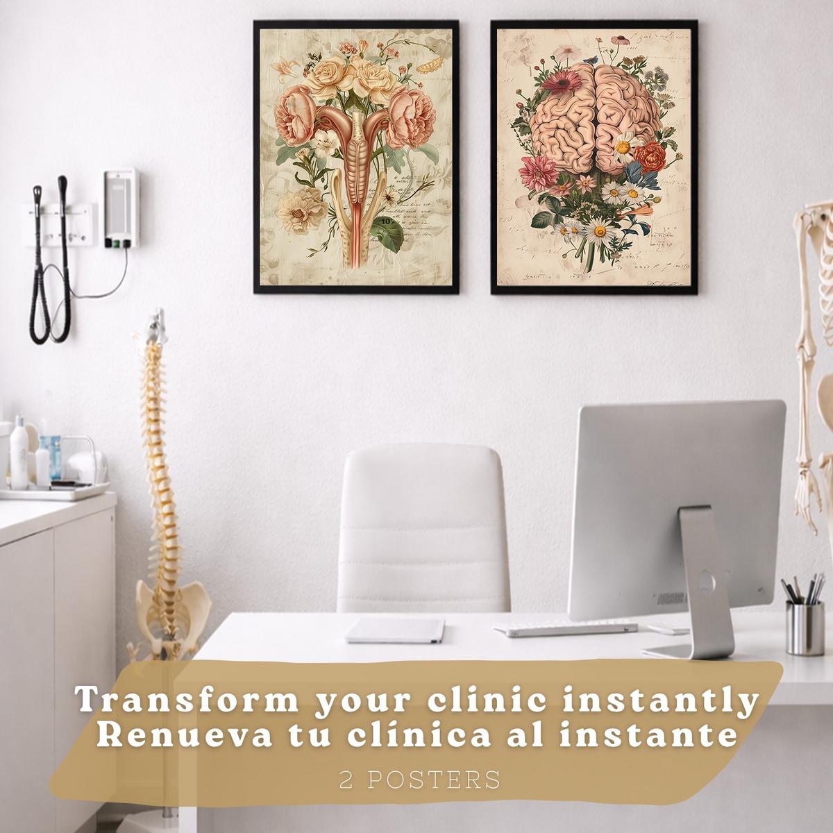 POSTER Set aus 2 Weibliche Anatomie Drucke und Wandbilder mit Gehirn und Gebärmutter Botanischer Retro Vintage Floraler Stil Größe Schwarzer Rahmen A3 - Schwarz, Papier (29.7/42/3cm) - Nacnic