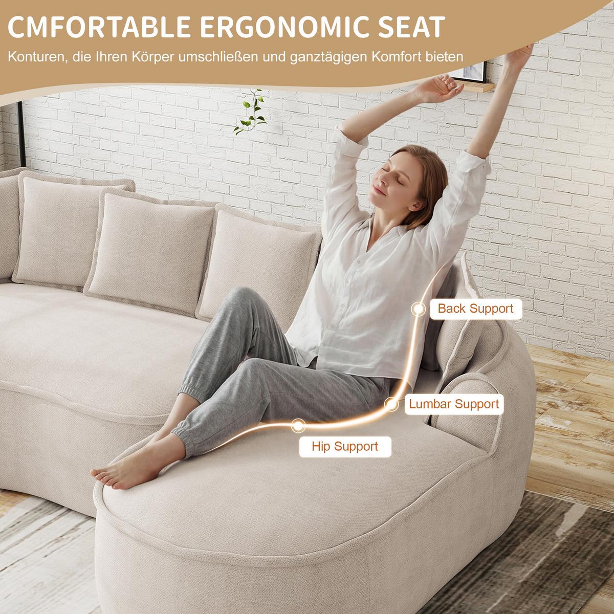 ECKSOFA chenille mit extra tiefer chaiselongue & rahmenlosem design - Hellbraun, Textil (252/164cm) - Urban Meuble