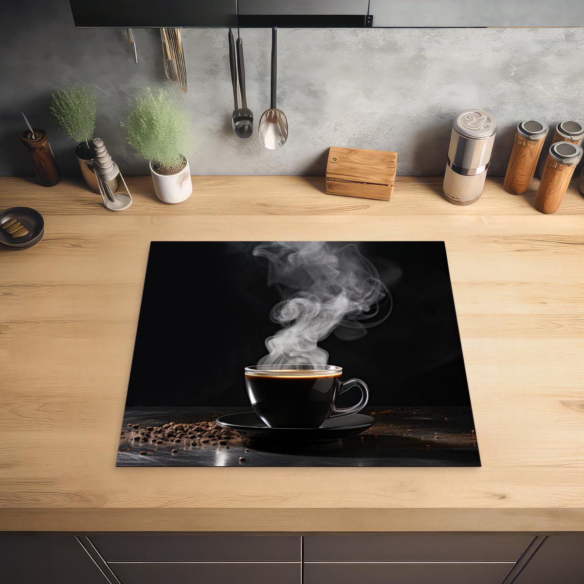 HERDABDECKPLATTE Kaffee - Schwarz - Bohnen - Heiß - Tasse Herdabdeckung Induktionsfeld 60x52 cm - Schwarz, Kunststoff (60/52/0.2cm) - MuchoWow