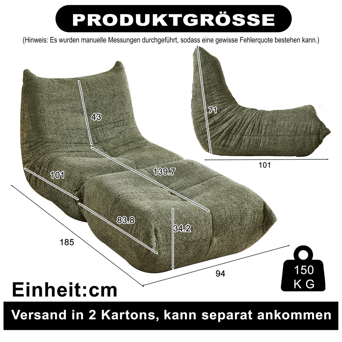 SESSEL Chenille Stil mit Fußhocker & ergonomisch - Grün, Textil (94/71/185cm) - Urban Meuble
