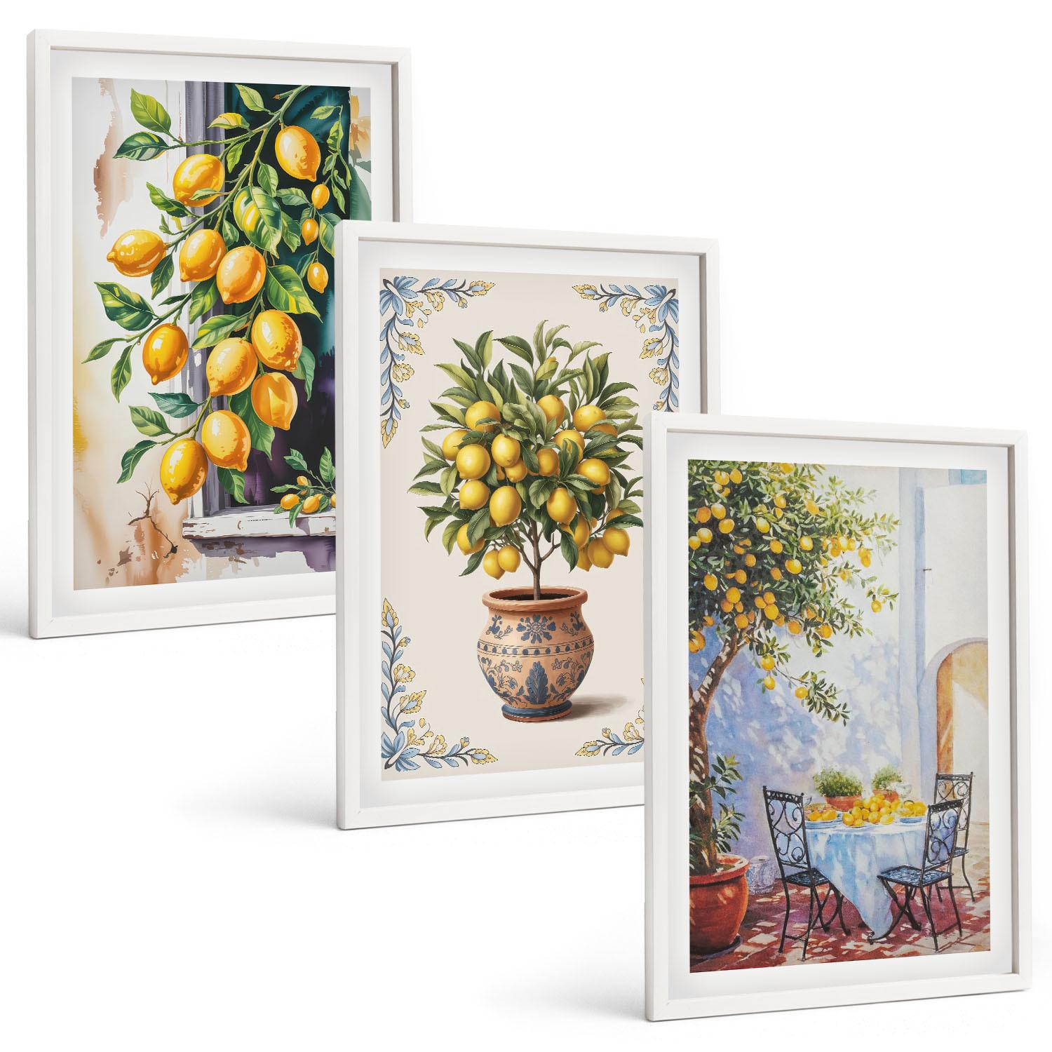 BILDER SET 3er Set - 40x60 cm Weißer Rahmen - Zitronenbäume Früchte Sonne - Weiß, Kunststoff (40/60cm) - TULUP