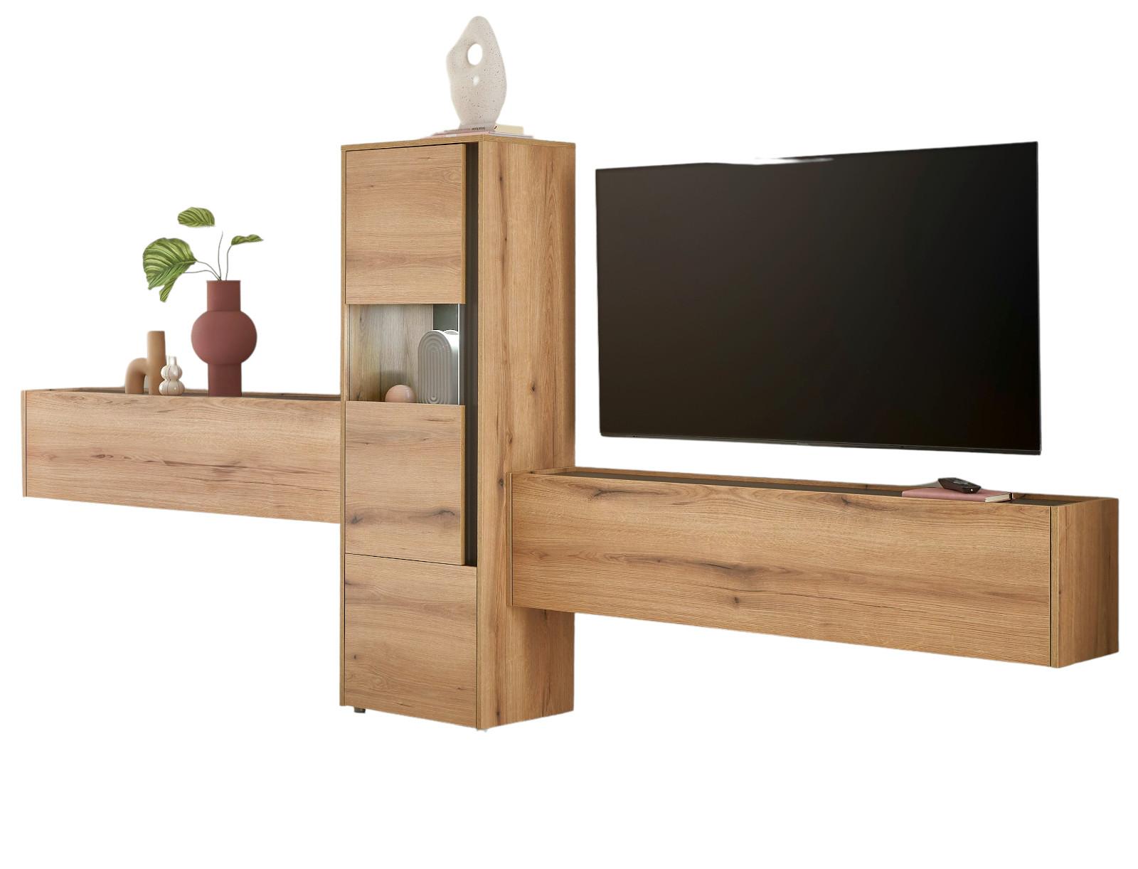 WOHNWAND Evoke Eiche, grau, Wohnkombination 3-teilig 350 cm, Set inklusive Beleuchtung - Eichefarben/Schwarz, Glas/Holzwerkstoff (350/155/40cm) - Furn.Design