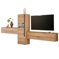 WOHNWAND Evoke Eiche, grau, Wohnkombination 3-teilig 350 cm, Set inklusive Beleuchtung - Eichefarben/Schwarz, Glas/Holzwerkstoff (350/155/40cm) - Furn.Design