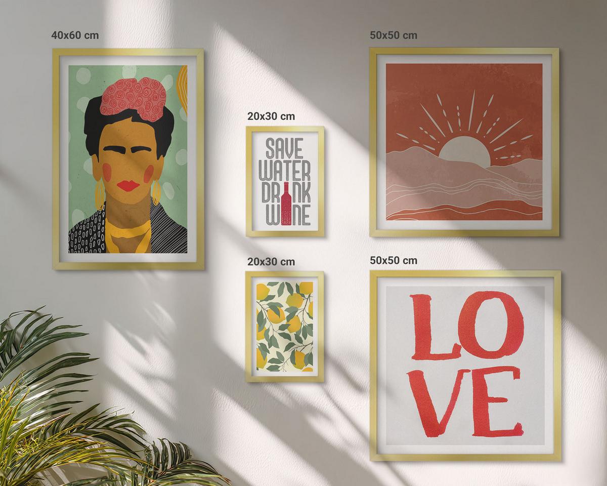 BILDER SET 5er Set - 50x50 cm & 20x30 cm & 40x60 cm Goldrahmen - Zitronen Inschrift Liebeslandschaft Frida - Goldfarben, Kunststoff (40/60cm) - TULUP