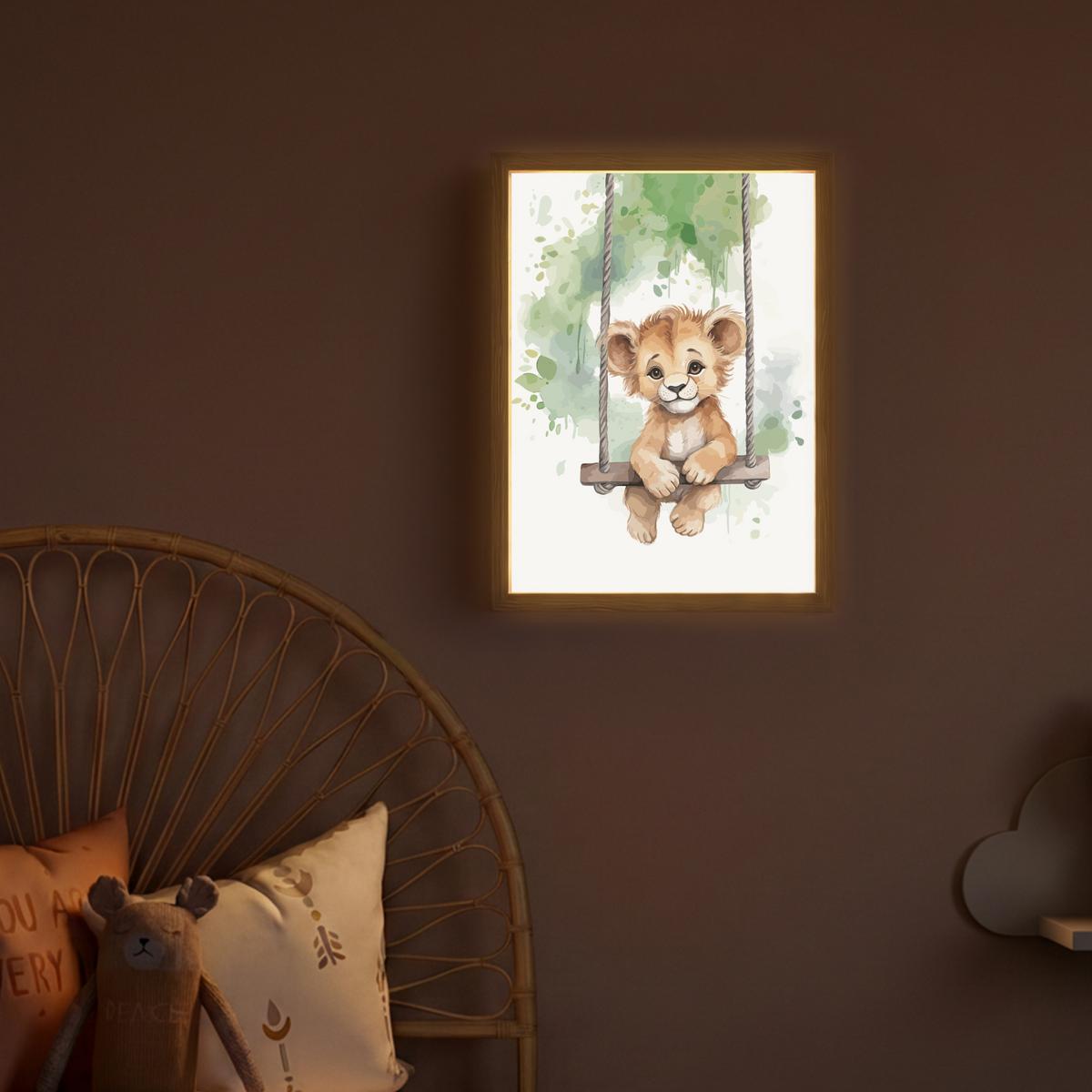WANDLEUCHTE MIT AKKU Löwe - Tier - Kinder - Dschungel 30x40 cm - Weiß, Holzwerkstoff (30/40/8cm) - OnlyWow