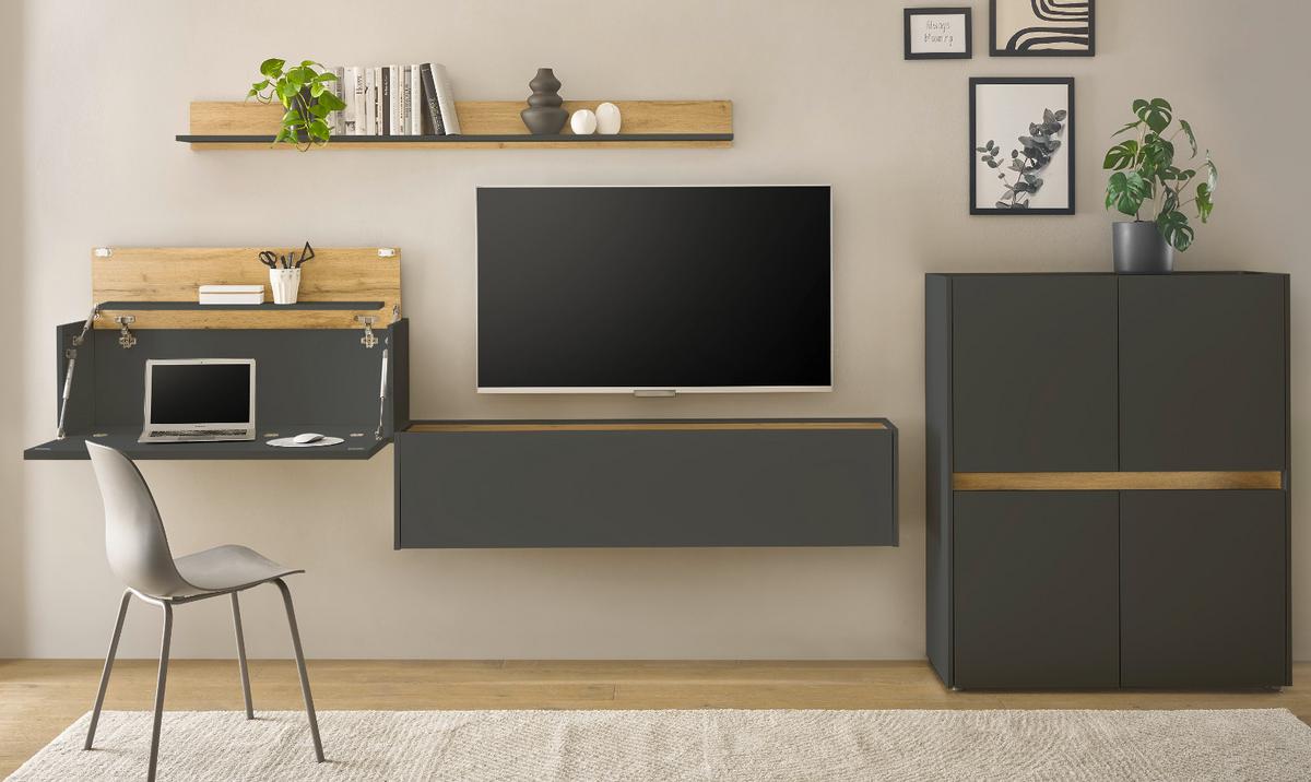 WOHNWAND mit Sekretär grau matt, Eiche Wotan 370 cm, Schrankwand 4-teilig - Eiche Wotan/Grau, Holzwerkstoff/Kunststoff (370/170/40cm) - Furn.Design