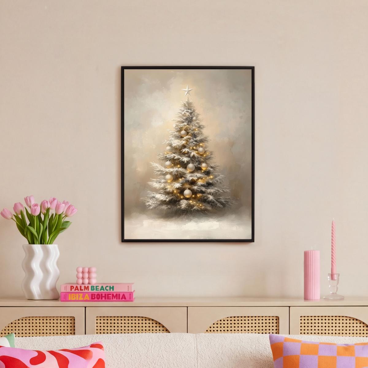 LEINWAND Bilder mit Rahmen - Weihnachten - Weihnachtsbaum - Schnee - Kunst - 50x70 - Champagner, Textil (50/70cm) - MuchoWow