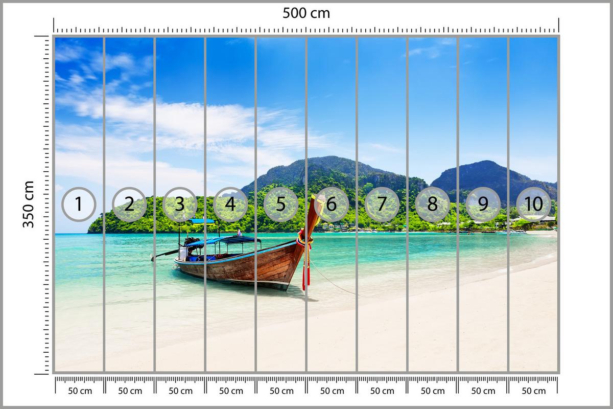 FOTOTAPETE für Schlafzimmer Boot Tropenstrand Palmen Meer 500x350 - Türkis/Blau, Papier (500/350cm) - Muralo