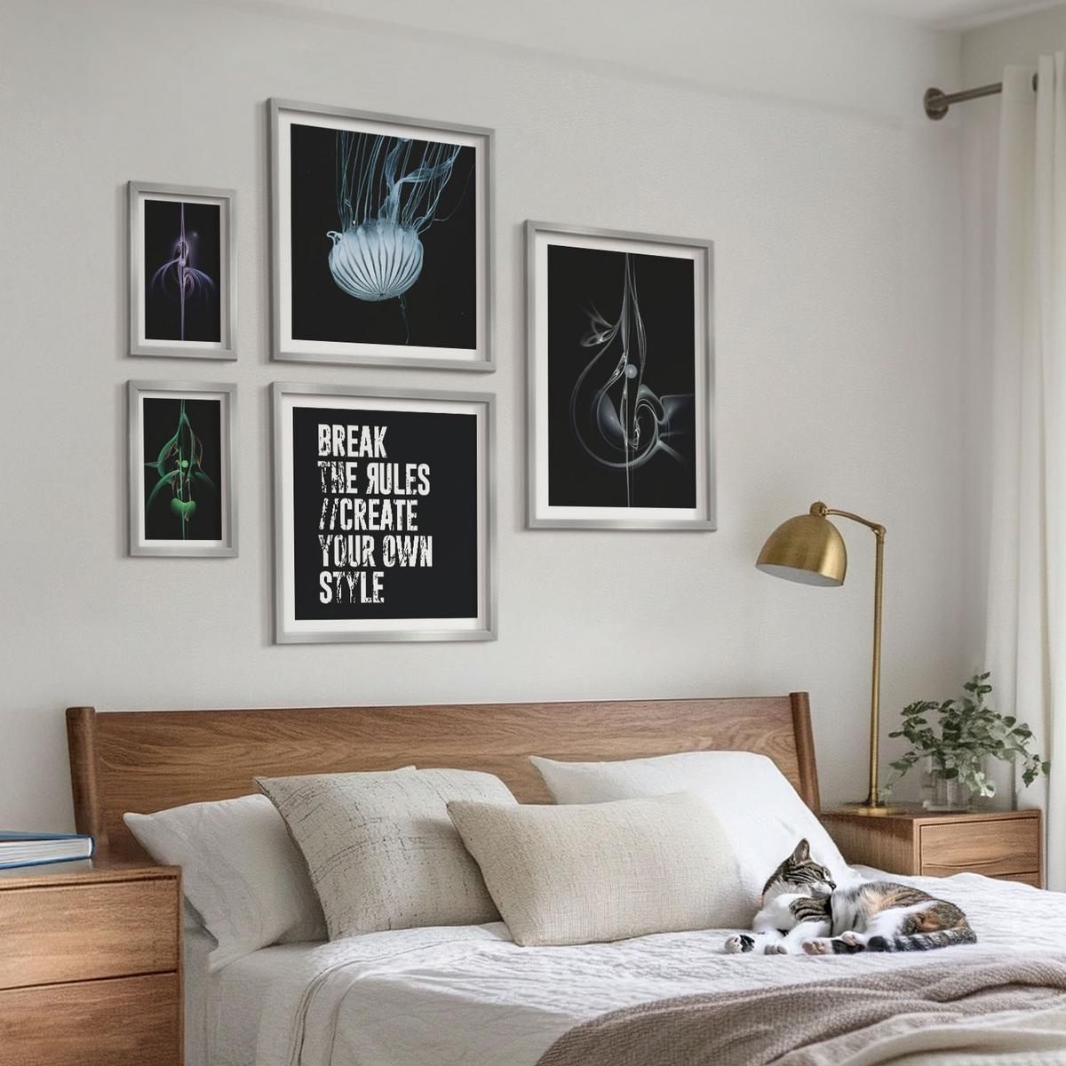 BILDER SET 5er Set - 50x50 cm & 20x30 cm & 40x60 cm Silberner Rahmen - Abstrakte Darstellung von grauen Katzenrosen - Silberfarben, Kunststoff (40/60cm) - TULUP