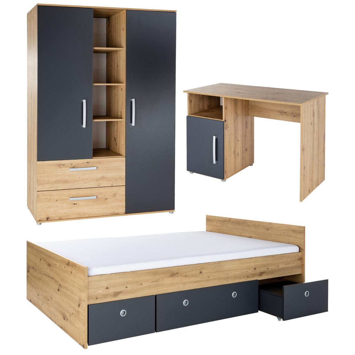 JUGENDZIMMER SET 4-tlg. Alessio - Eichefarben/Anthrazit, Holzwerkstoff/Kunststoff (120/1/200cm) - arthur berndt