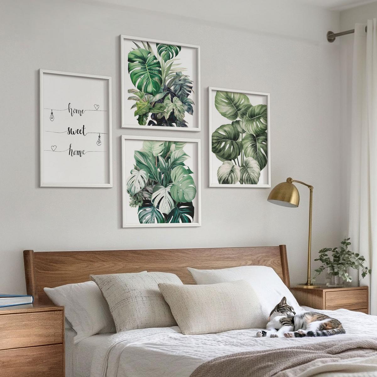 BILDER SET 4er Set - 50x50 cm & 40x60 cm Weißer Rahmen - Aquarell-Monstera-Blätter - Weiß, Kunststoff (50/50cm) - TULUP