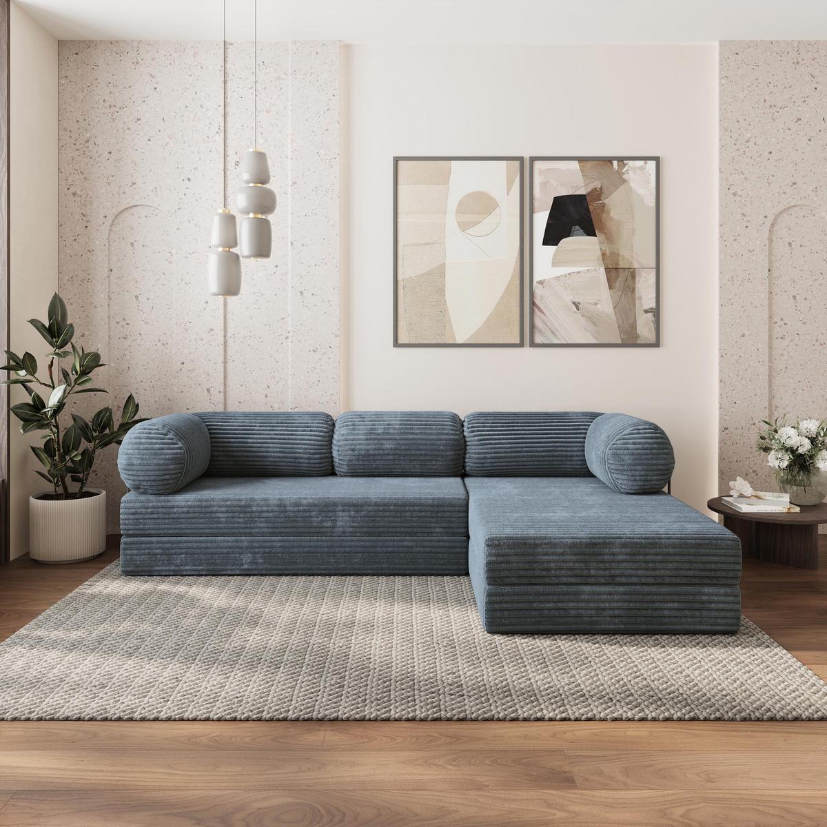 ECKSOFA ETERA modulares Boneless Sofa mit Schlaffunktion Grau Kordstoff - Blaugrau, Textil (270/160cm) - MASSENO