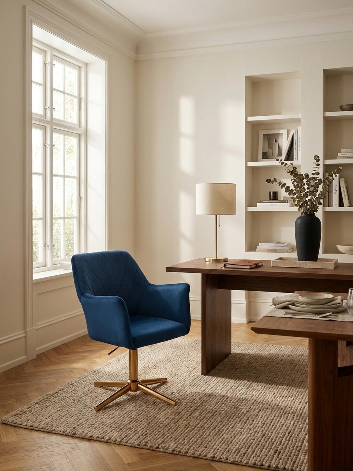 DREHSTUHL Samt mit Armlehnen Eisengestell 360° Funktion, Blau 97x55x55 cm - Blau/Goldfarben, Textil/Metall (97/55/55cm) - KADIMA DESIGN
