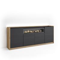 SIDEBOARD, Schwarz und Eiche, 207/37/80cm, Kamin mit Feuereffekt - Schwarz, Holzwerkstoff (207/80/37cm) - Skraut Home