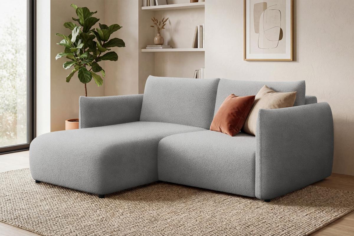 ECKSOFA TAUER 3-Sitzer LINKS, Bouclé-Stoff hellgrau - Schwarz/Grau, Holz/Textil (173/206cm) - Courtois Laville