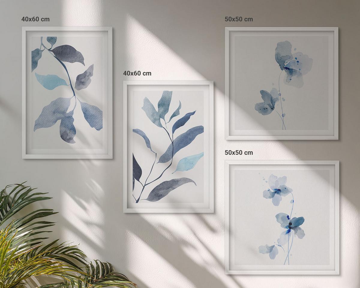 BILDER SET 4er Set - 50x50 cm & 40x60 cm Weißer Rahmen - Aquarell von blauen Blättern - Weiß, Kunststoff (50/50cm) - TULUP