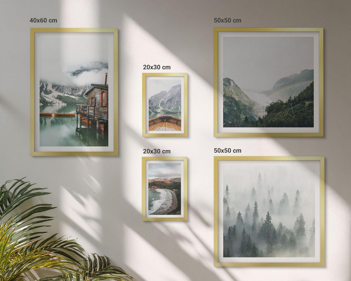 BILDER SET 5er Set - 50x50 cm & 20x30 cm & 40x60 cm Goldrahmen - Berge, See, Boot, Nebel, Strand - Goldfarben, Kunststoff (40/60cm) - TULUP