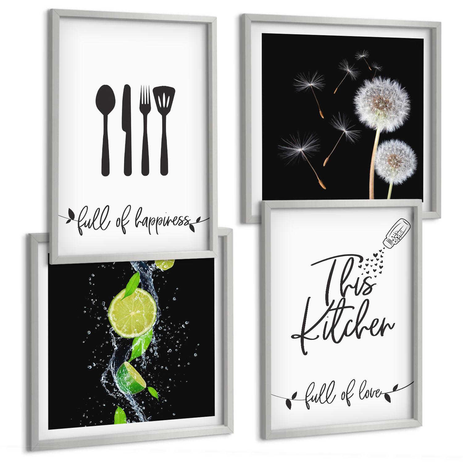 BILDER SET 4er Set - 50x50 cm & 40x60 cm Silberner Rahmen - Löwenzahn-Kalk-Kücheninschriften - Silberfarben, Kunststoff (50/50cm) - TULUP