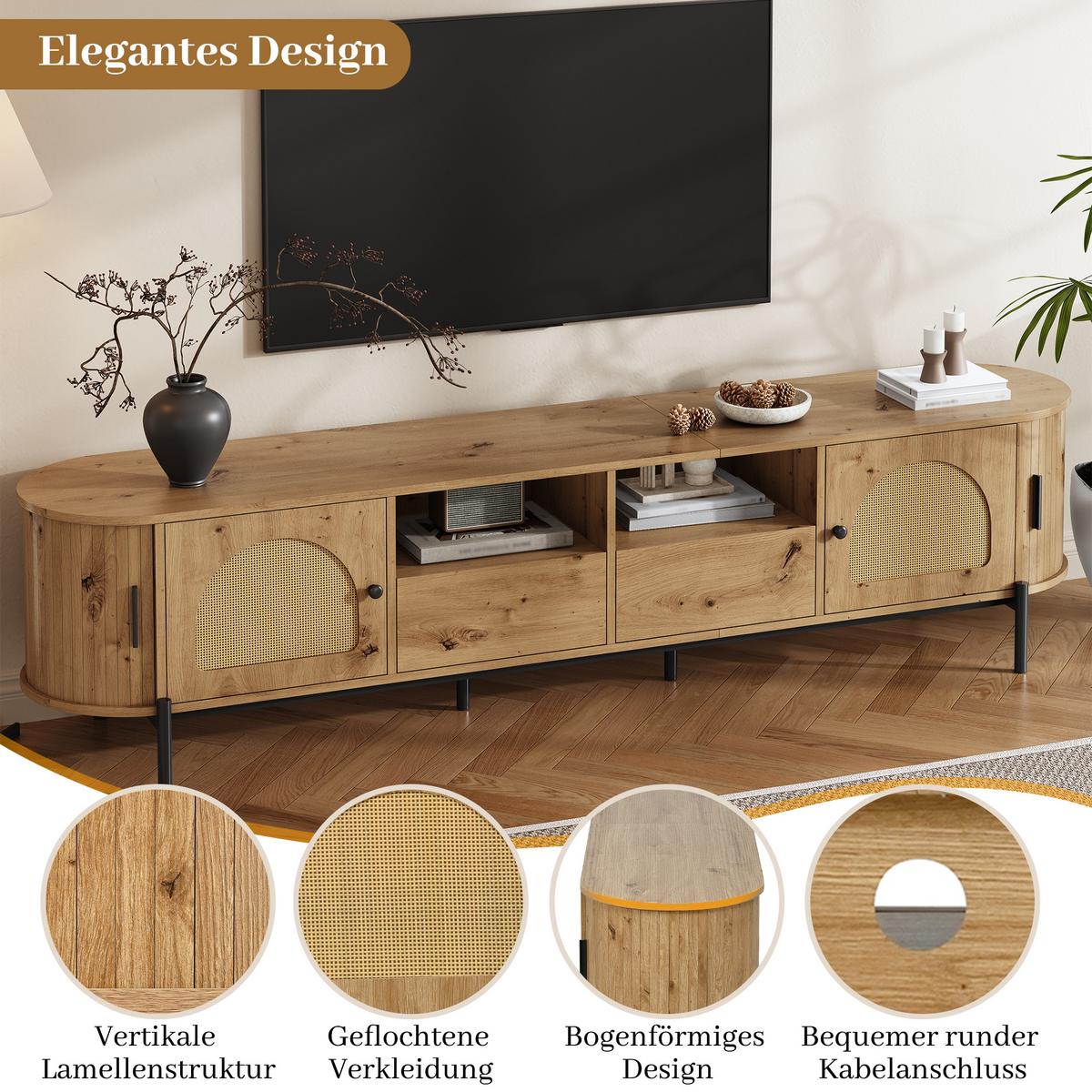 TV-LOWBOARD in holzoptik mit rattan, ovale form und viel stauraum - Naturfarben, Holzwerkstoff (200/49.5/40cm) - Urban Meuble