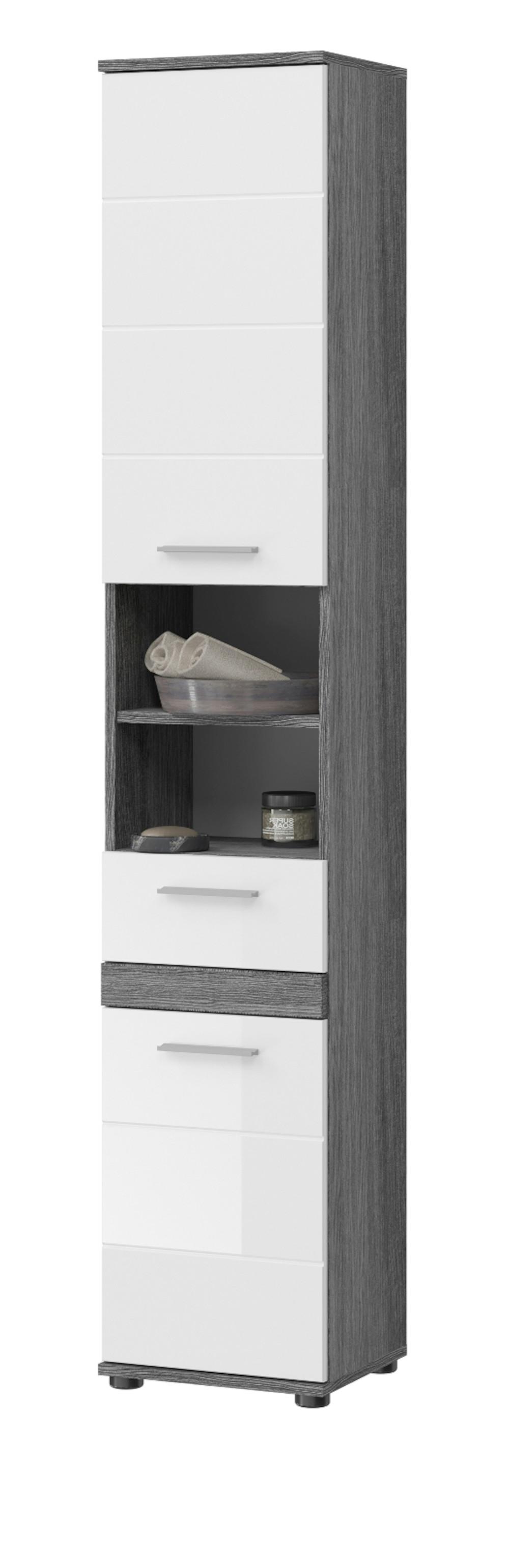 HOCHSCHRANK weiß Hochglanz, grau 35 cm, Badschrank mit 6 Fächern - Weiß Hochglanz/Silberfarben, Holzwerkstoff/Kunststoff (35/191/31cm) - Inn.Furn