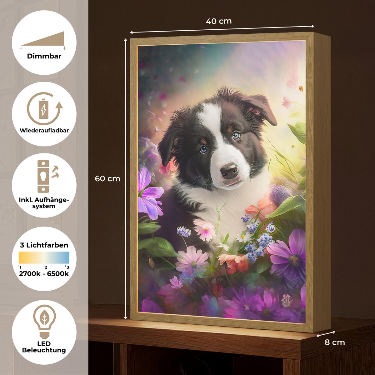 WANDLEUCHTE MIT AKKU Welpe - Sonne - Blumen - Natur - Border Collie - Hund 40x60 cm - Violett, Holzwerkstoff (40/60/8cm) - OnlyWow