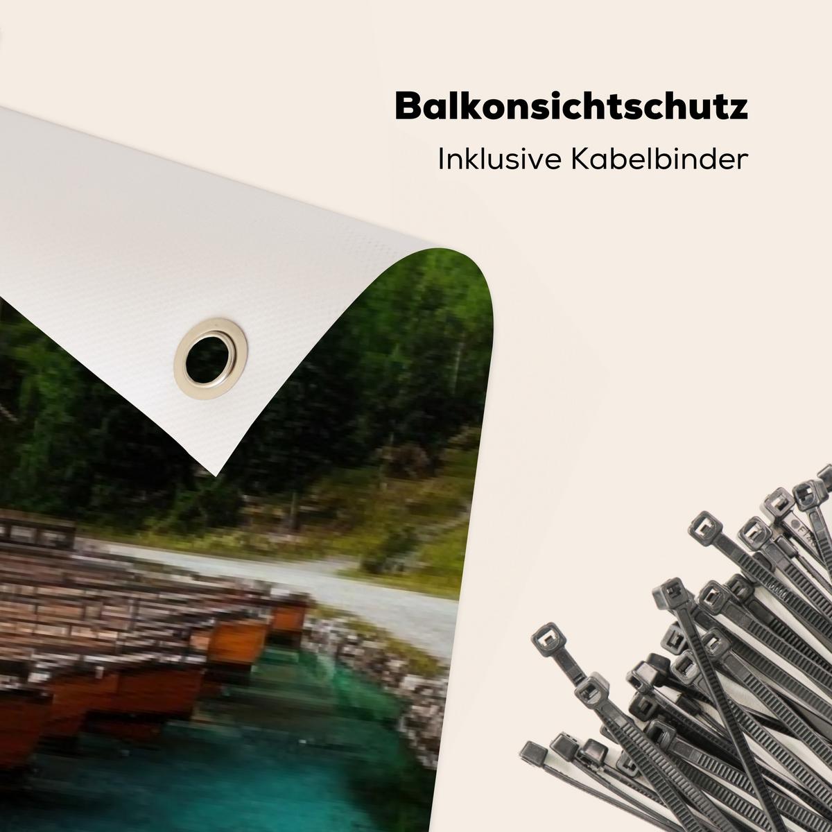 BALKON-SICHTSCHUTZ See - Berge - Sonnenuntergang - Boot Witterungsbeständig 300x80 cm - Petrol, Kunststoff (300/80cm) - MuchoWow