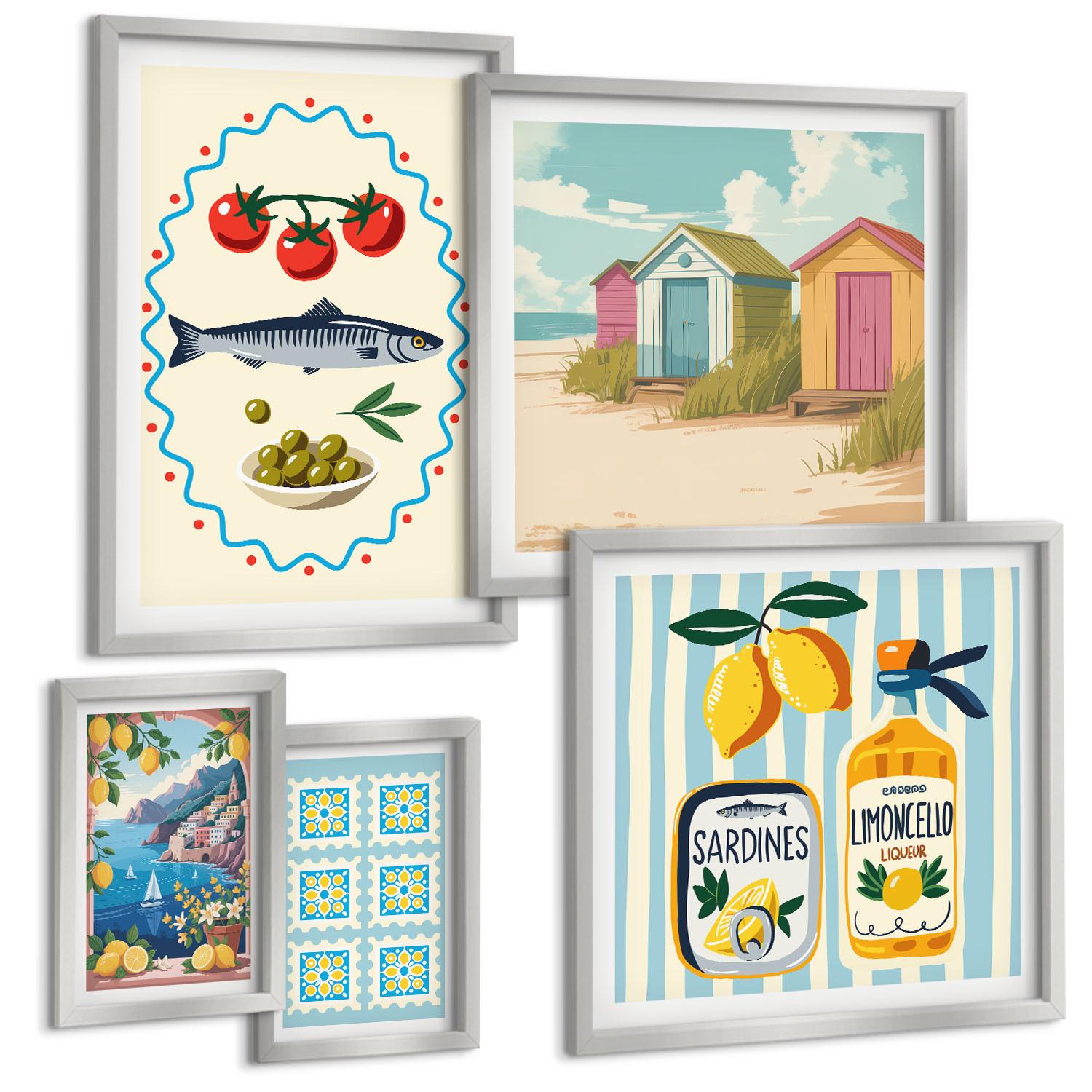 BILDER SET 5er Set - 50x50 cm & 20x30 cm & 40x60 cm Silberner Rahmen - Blumenwein Mailand Paris - Silberfarben, Kunststoff (40/60cm) - TULUP