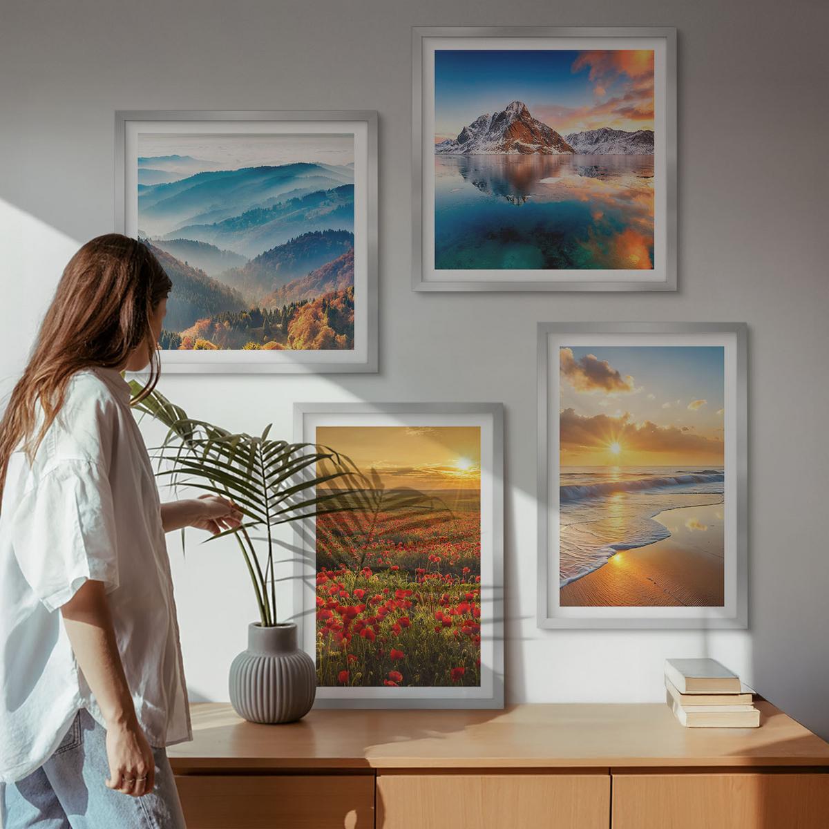 BILDER SET 4er Set - 50x50 cm & 40x60 cm Silberner Rahmen - Landschaften aus Bergen und Meeren im Westen - Silberfarben, Kunststoff (50/50cm) - TULUP