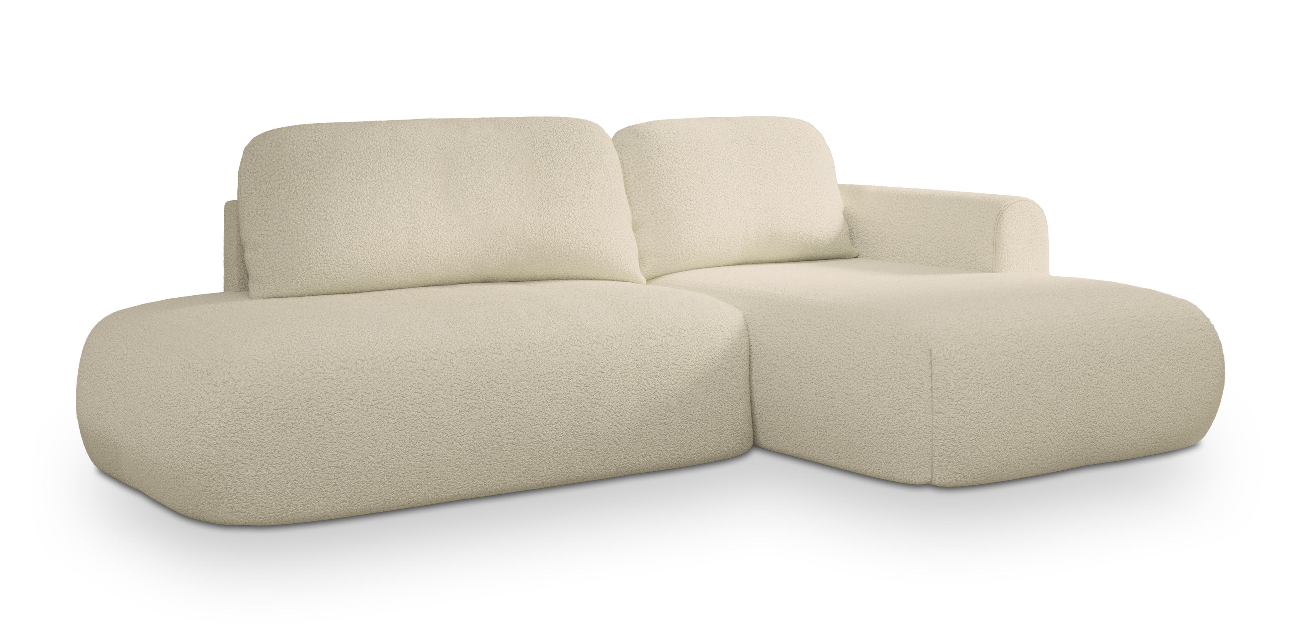 ECKSOFA NUVIRA R-S Creme Boucle-Stoff mit Schlaffunktion - Creme, Holz (279/158cm) - MASSENO