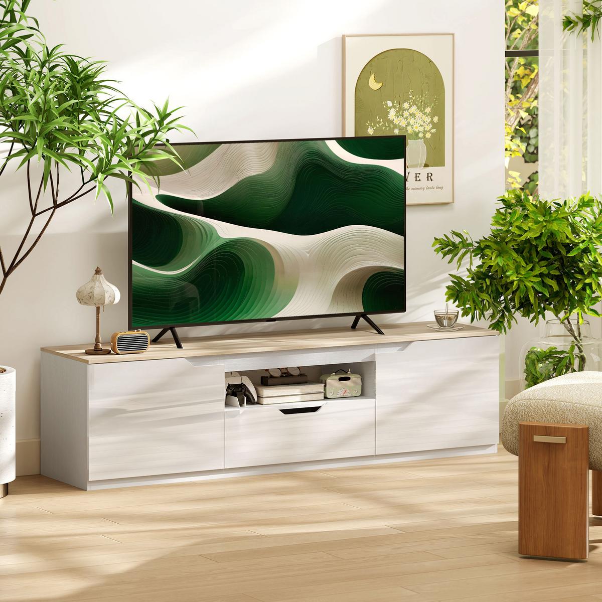 HOCHGLANZ TV-Lowboard für Fernseher bis 65 Zoll, 3 Fächer, Schublade, Naturholz - Naturfarben, Holzwerkstoff (38/43/160cm) - HOMCOM