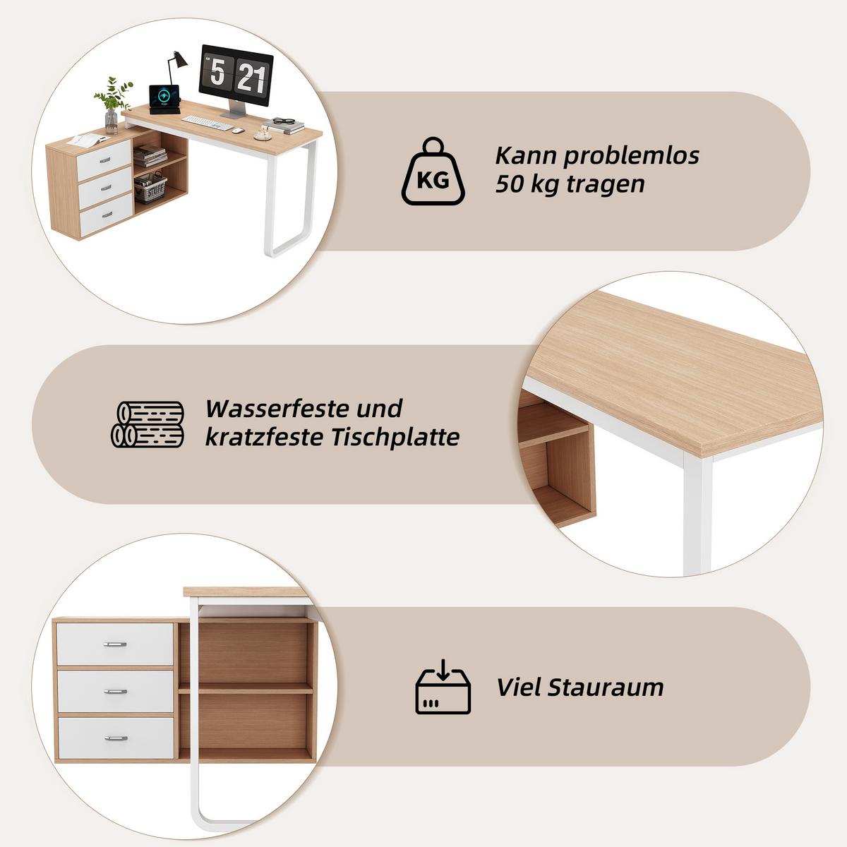BÜROSCHREIBTISCH in natur & weiß mit stahlgestell, 3 schubladen & 2 offenen fächern - Naturfarben, Holzwerkstoff (100/147/75.3cm) - Urban Meuble