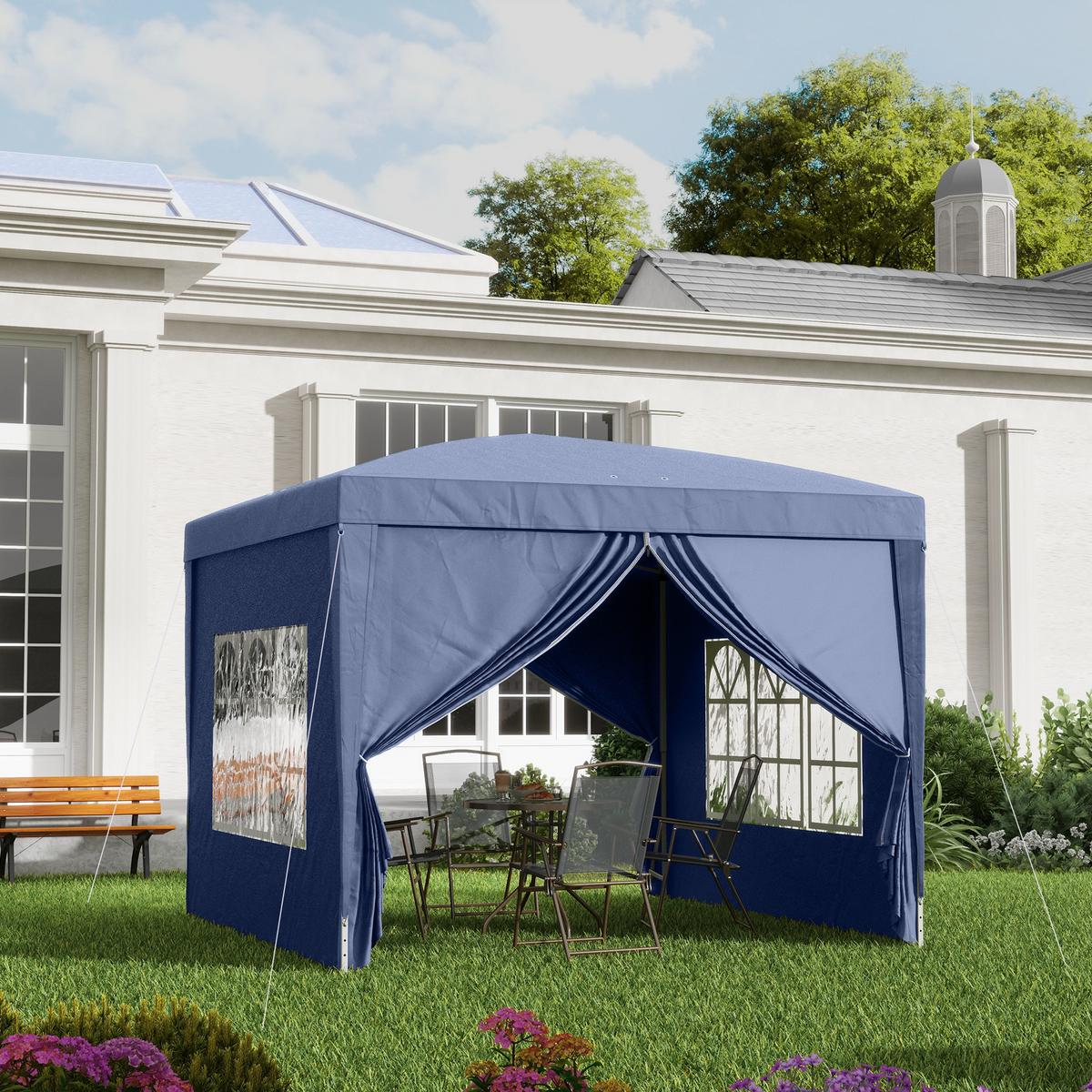 PAVILLON mit 4 Seitenwänden, Oxfordstoff, Stahl, Blau - Blau, Metall (2.95/2.58/2.95cm) - Outsunny