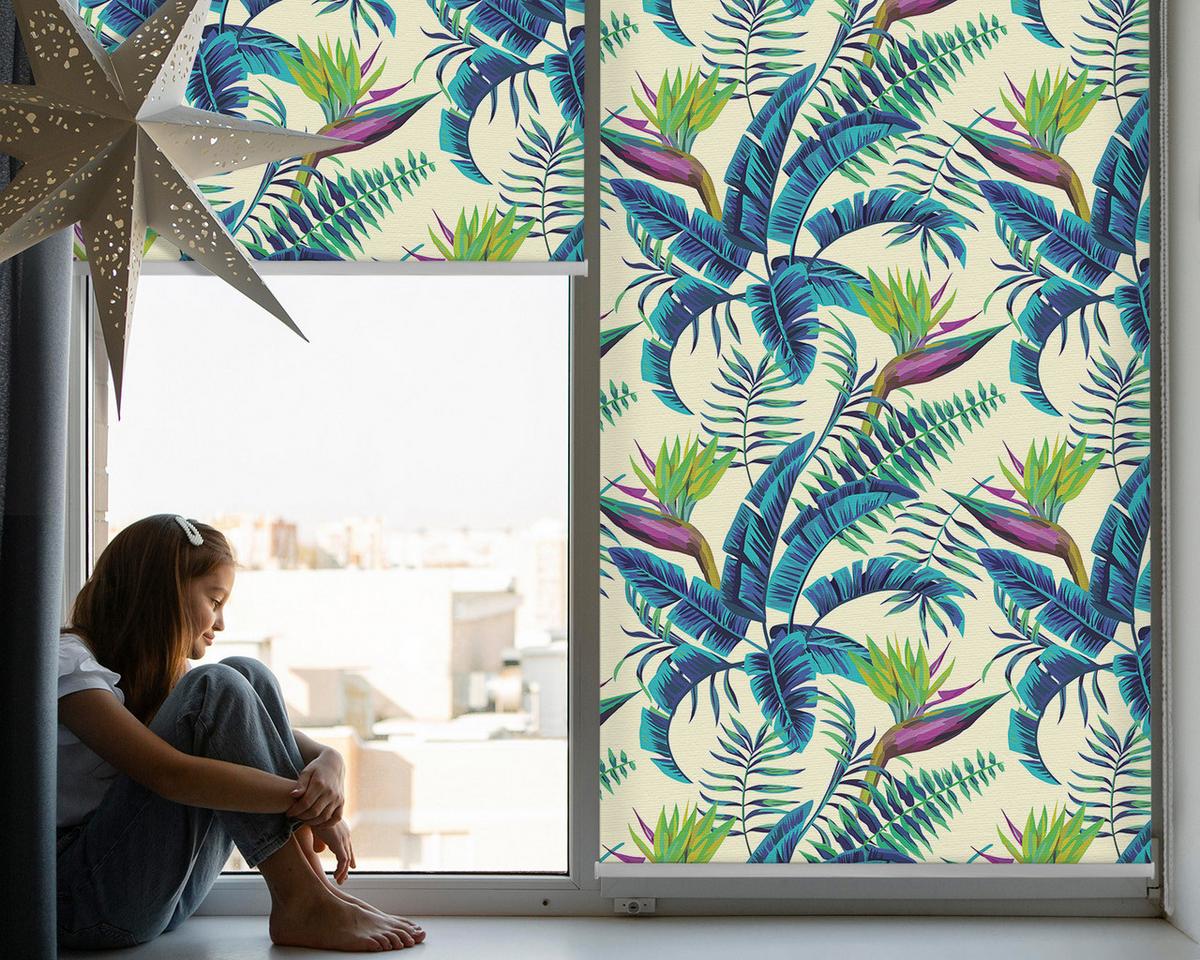 INNENROLLO - Fensterrollo - Rollo - 60x40 cm - Tropische Pflanzen - Blau, Kunststoff (60/140/0.5cm) - TULUP