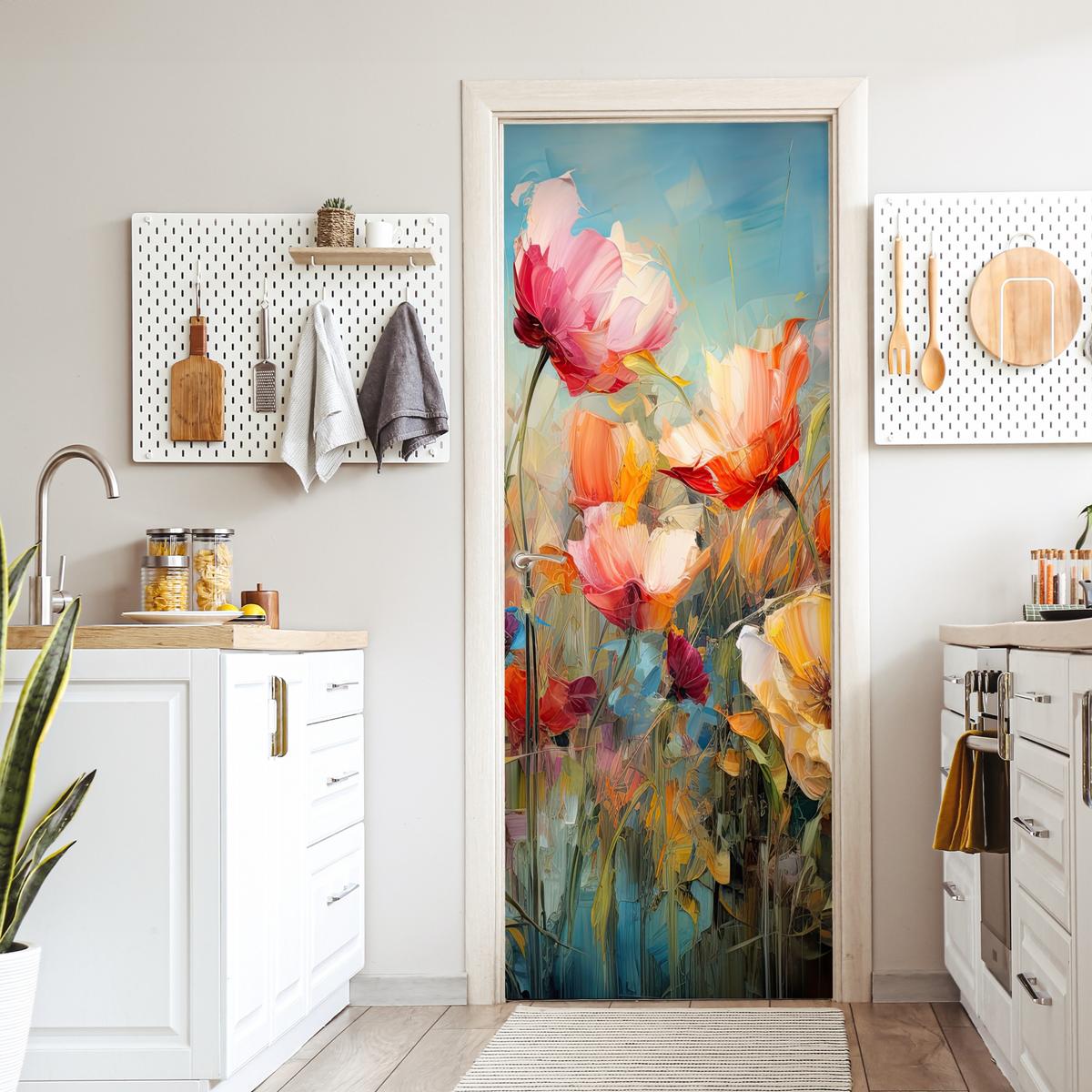 TÜRAUFKLEBER Blumen - Aquarell - Kunst - Botanisch - Natur 85x215 cm - Türtapete - Orange, Kunststoff (85/0.1cm) - MuchoWow