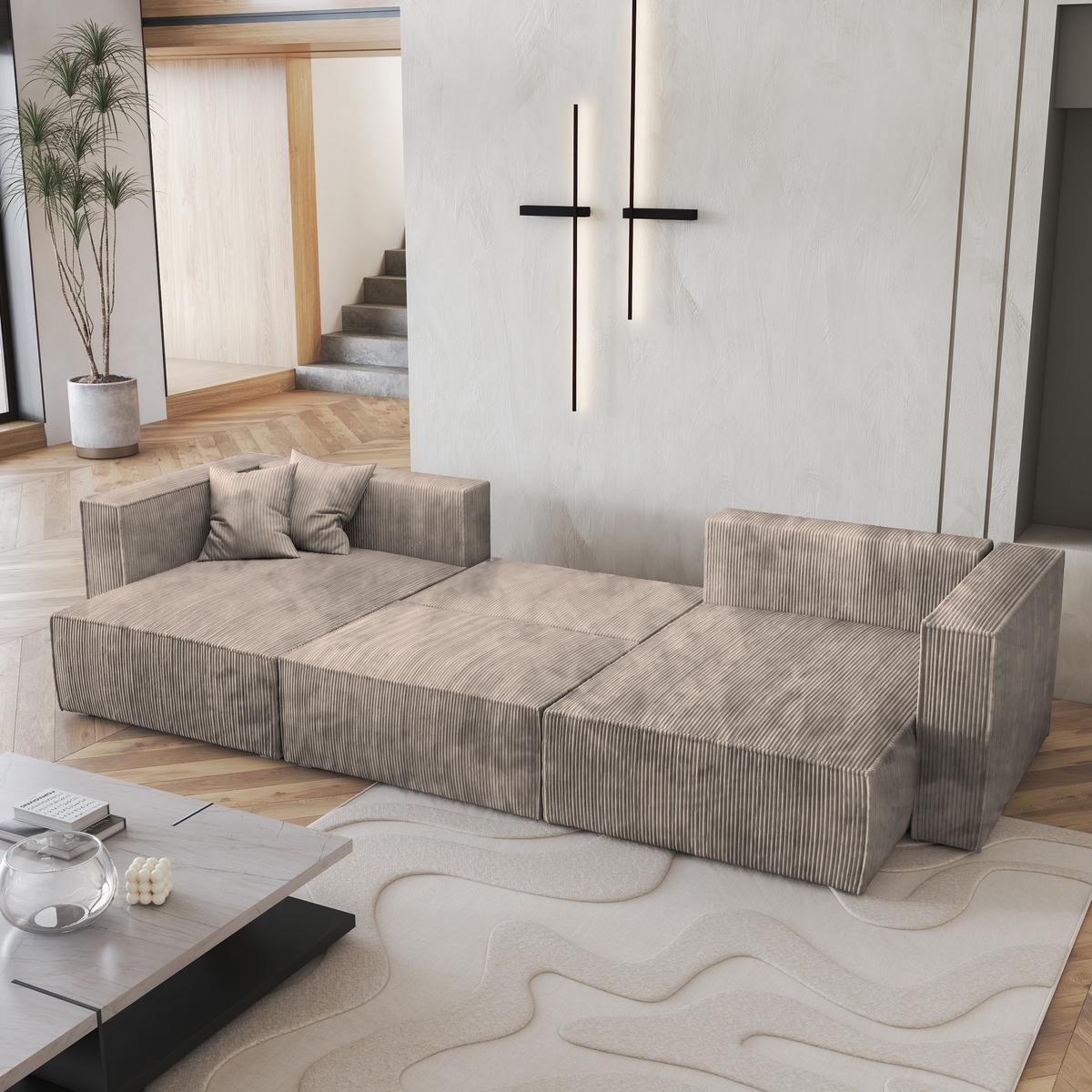 WOHNLANDSCHAFT SARMO P Beige Kordstoff mit Schlaffunktion - Beige/Grau, Holz/Kunststoff (347/70/148cm) - MASSENO