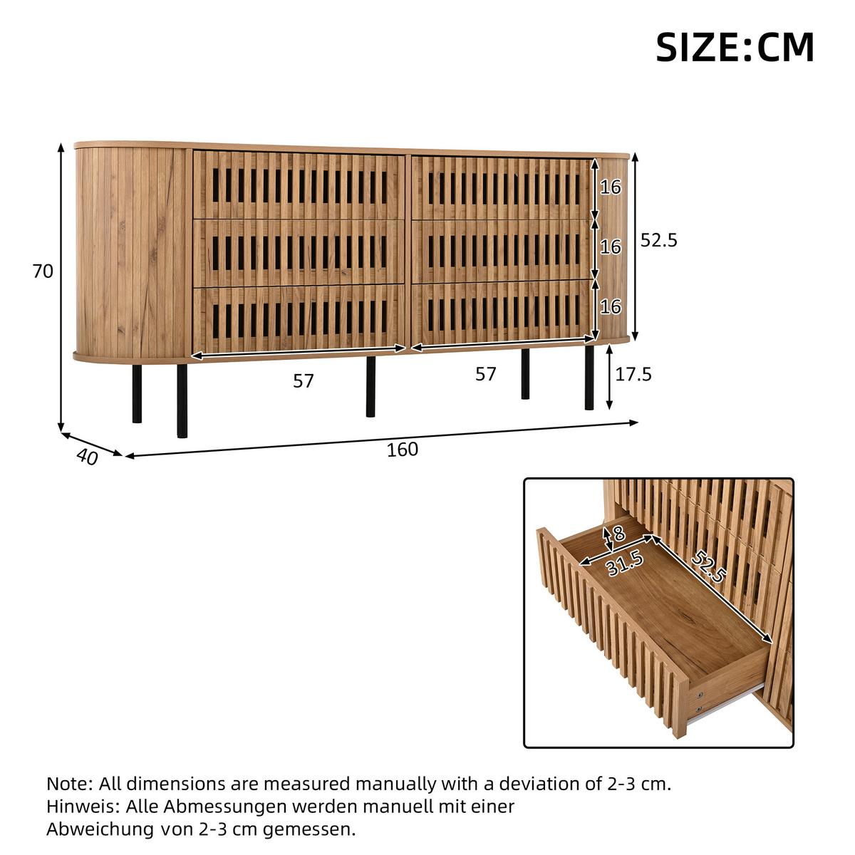 SIDEBOARD 160cm Lamellen-Design 6 Schubladen Metallfüße Kommode - Naturfarben, Holzwerkstoff (160/70/40cm) - Urban Meuble