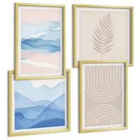 BILDER SET 4er Set - 50x50 cm & 40x60 cm Goldrahmen - Blätterwellen beige blau - Goldfarben, Kunststoff (50/50cm) - TULUP