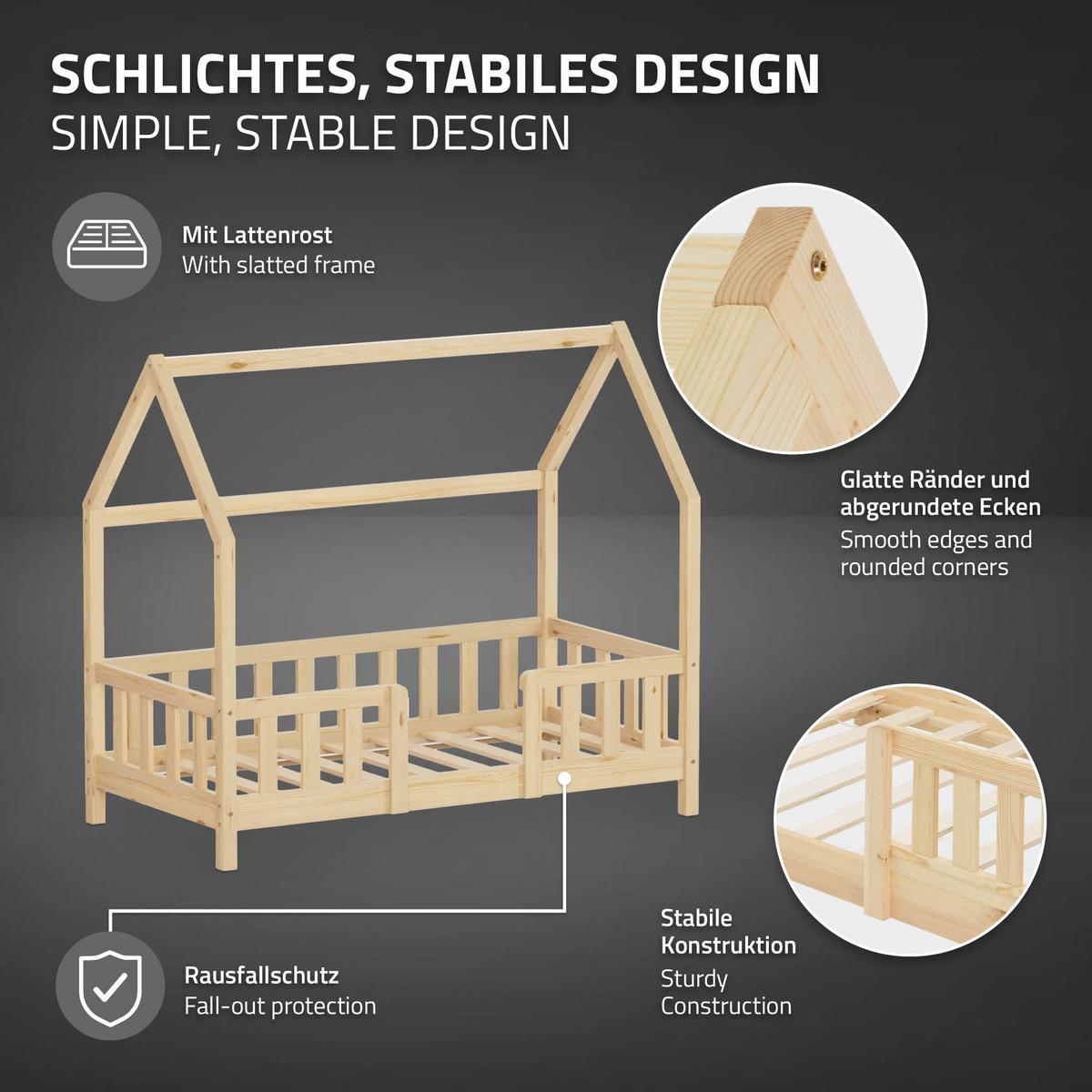 KINDERBETT 70x140 cm mit Rausfallschutz Natur aus Kiefernholz - Naturfarben, Holz (70/140cm) - ML-DESIGN