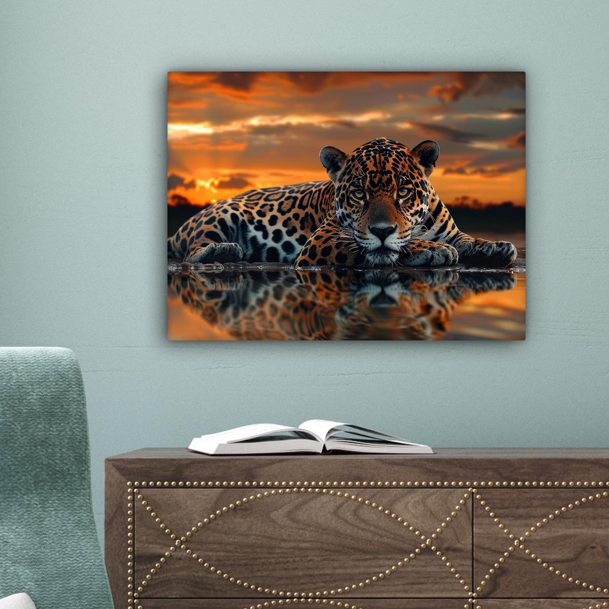 LEINWANDBILD Natur - Leopard - Tier - Sonnenuntergang - Modern Wandbild 40x30 cm - Orange, Textil (40/30cm) - MuchoWow