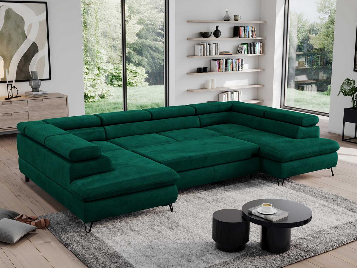 WOHNLANDSCHAFT PEDRO U Velvet Grün - Schwarz/Grün, Textil/Metall (346/76/208cm) - MKS